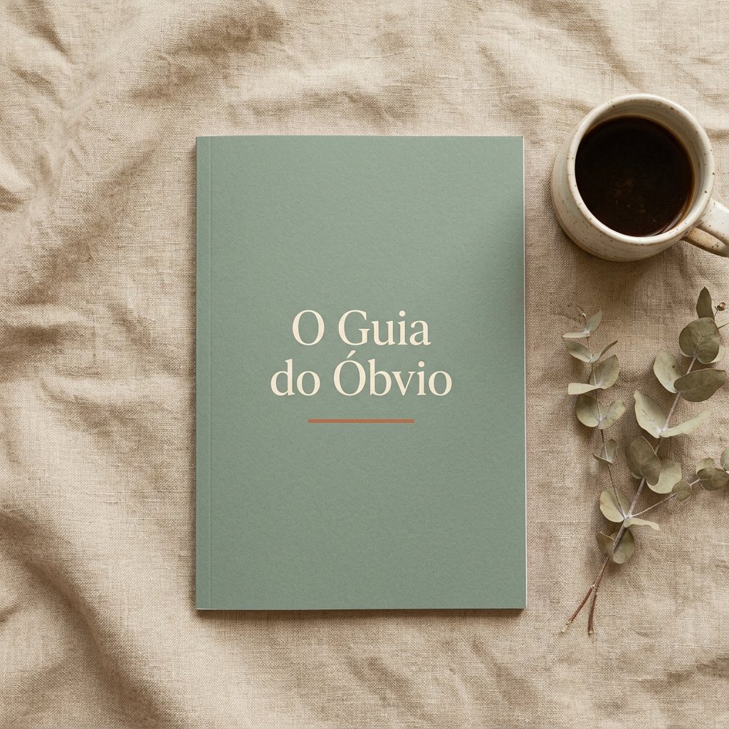 Capa do e-book O Guia do Óbvio sobre uma toalha de linho, ao lado de uma xícara de café