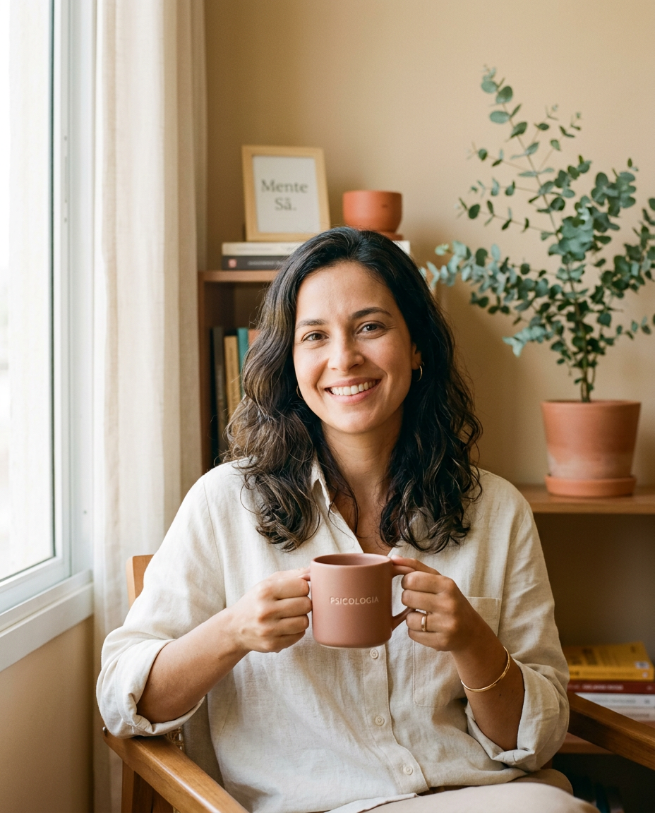 Retrato de Tatiana Macedo sorrindo, segurando uma caneca de café perto da janela